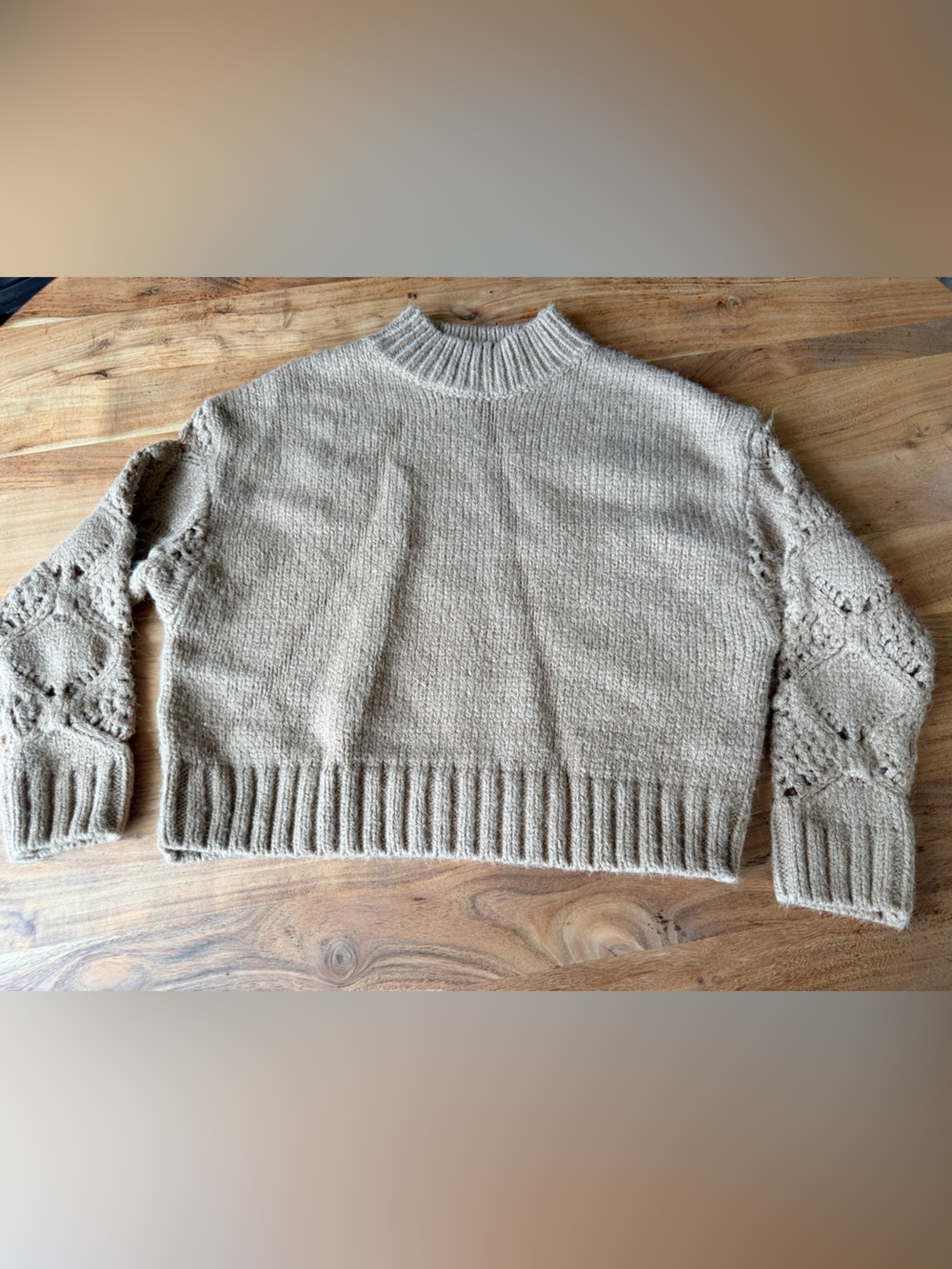 Skies Are Blue Tan Oversized Sweater with Crochet Knit Sleeves